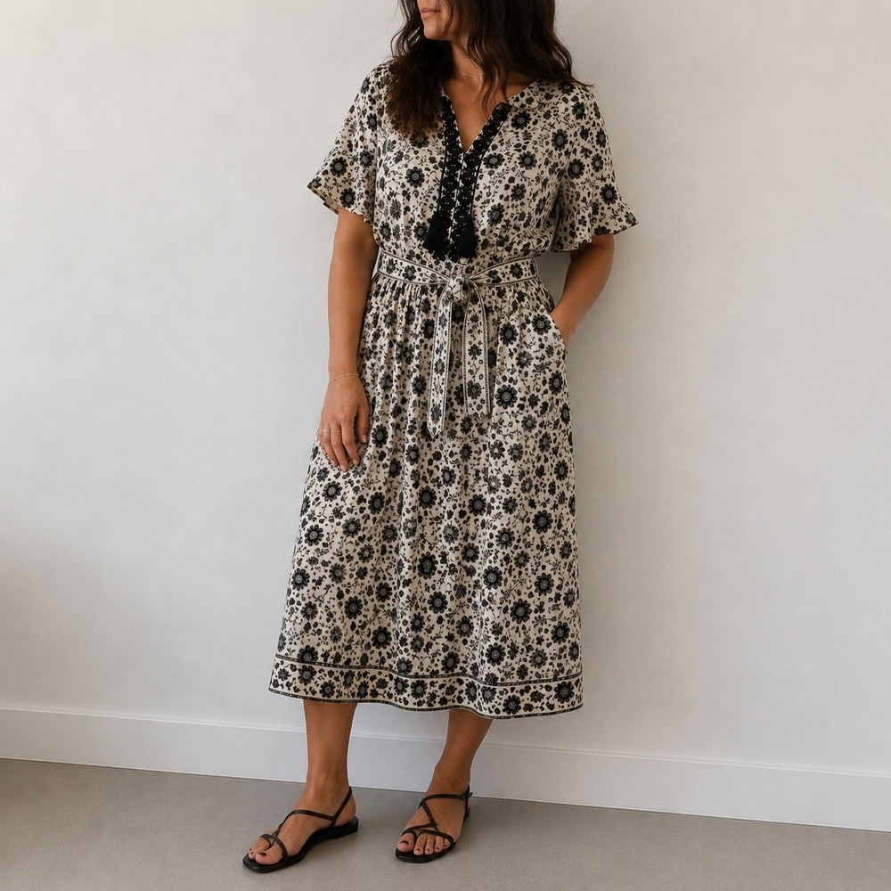 Lucky Brand Black Floral Midi Dress Tassel Belted XL Boho Cottagecore